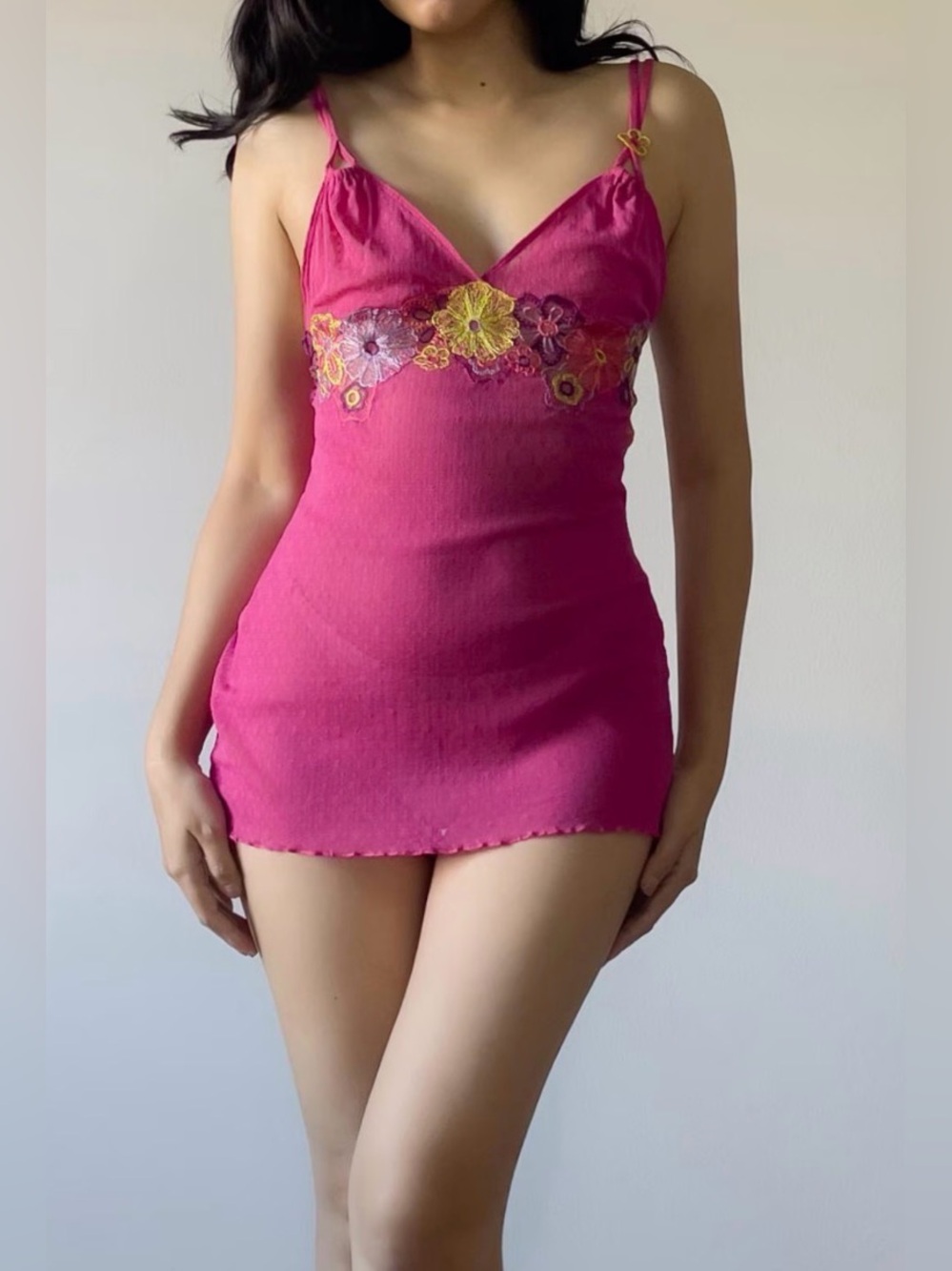 Vintage Y2K Hot Pink Floral Mesh Semi-Sheer Mini Slip Dress (S)